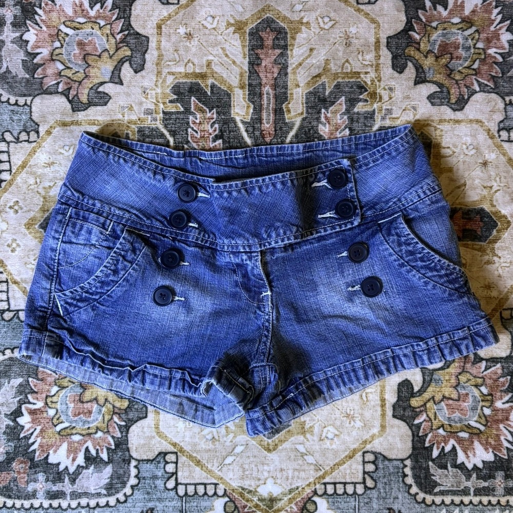 Vintage Low Rise Y2K Blue Denim Sailor Shorts Boho Double Button Front Size 7